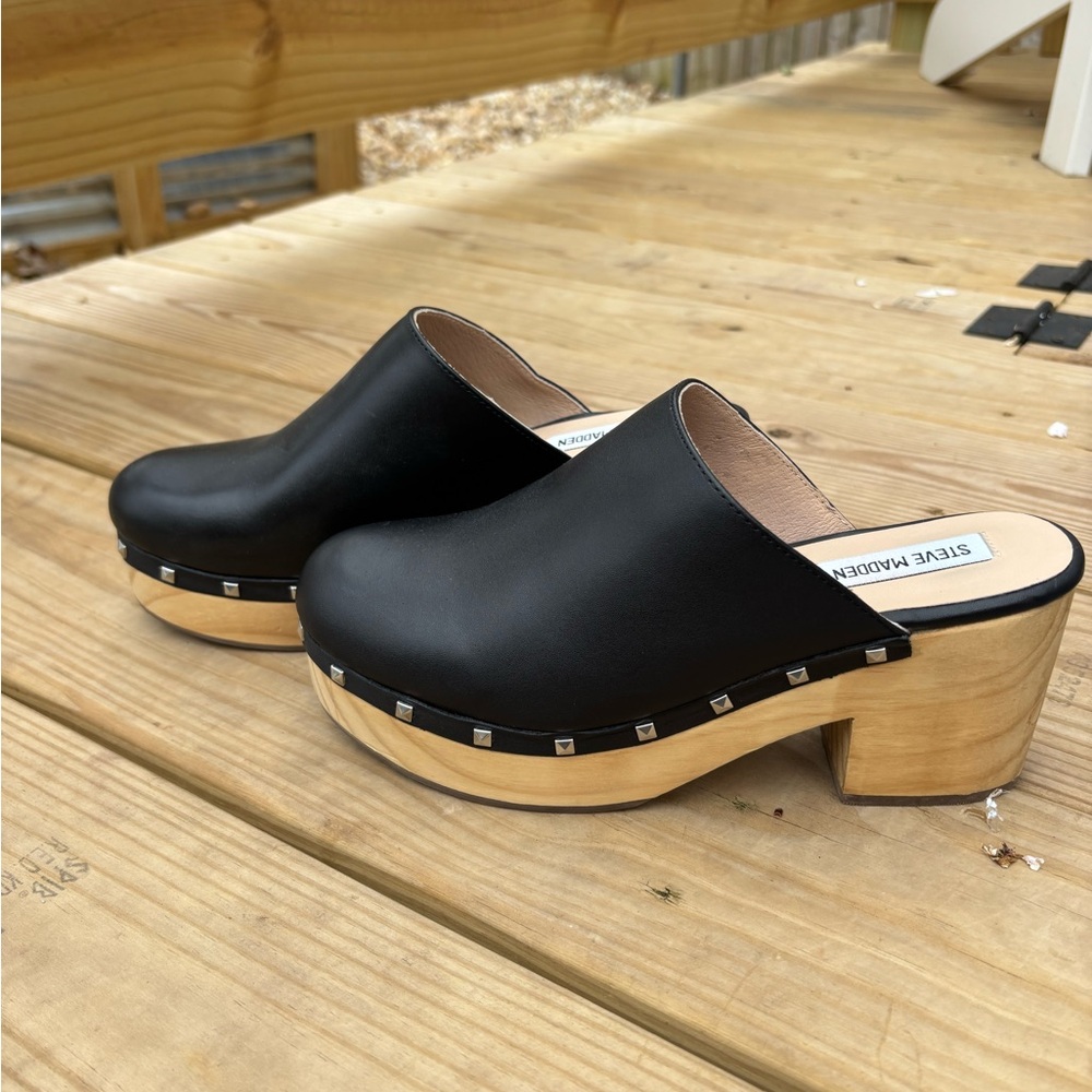Steve Madden Black Brooklyn Clogs Mules Slides Boho Chic wooden bottom Size 8 - Picture 2 of 10